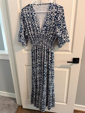 Amazon Blue and White V-Neck Smocked Maxi Dress